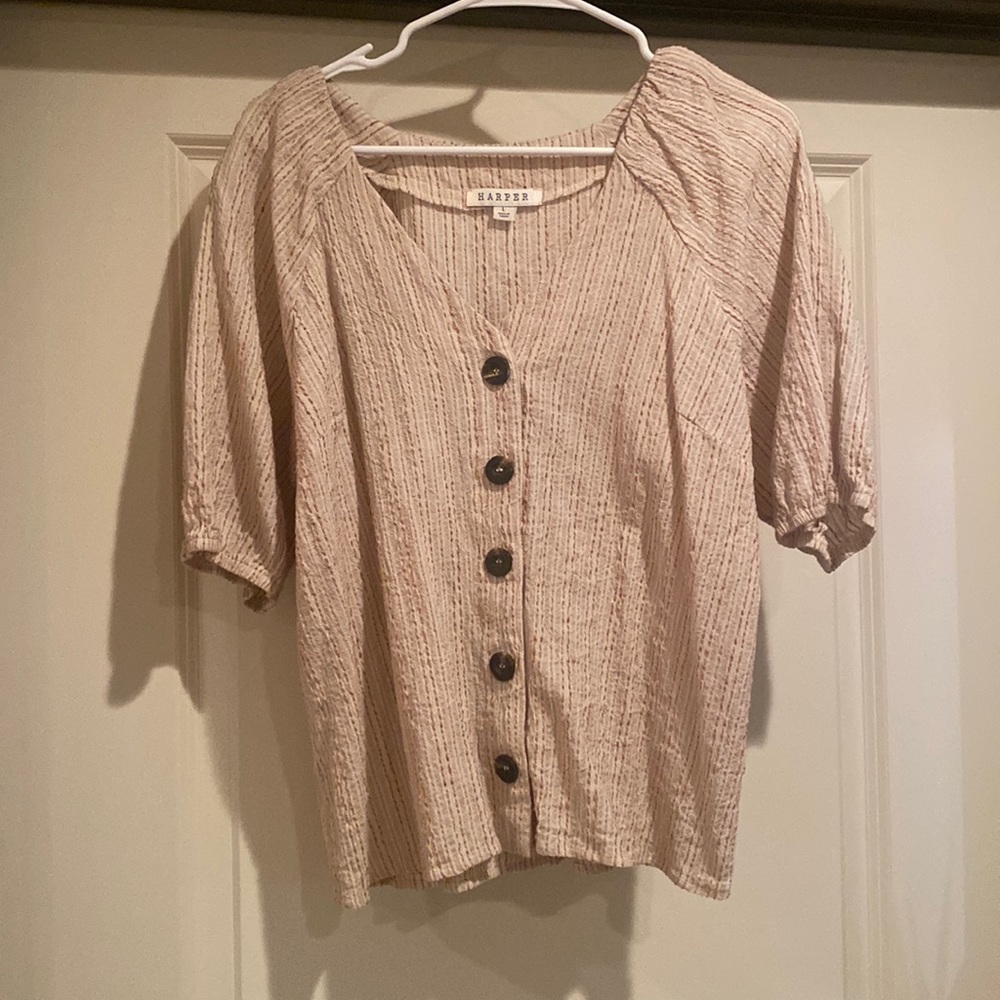 Harper Cotton Blouse Big Buttons Puff Sleeves Orange Cream striped